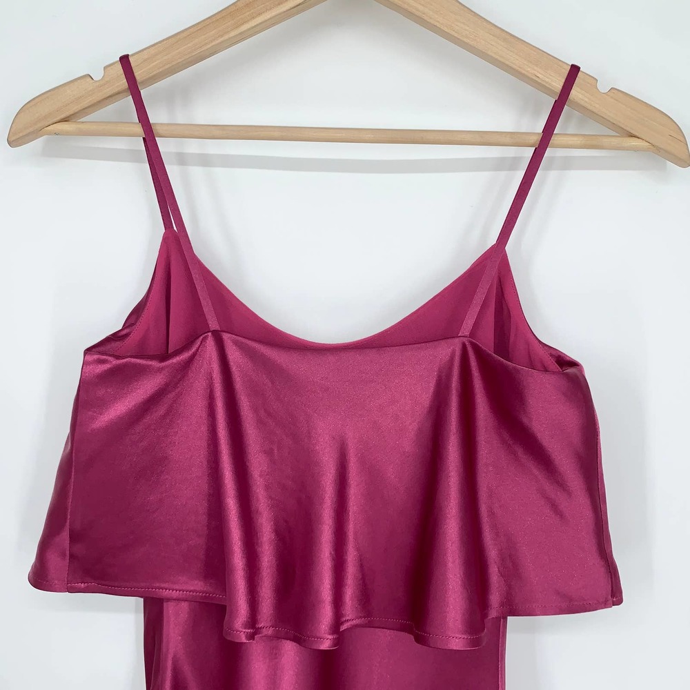 NWT Nadine Merabi Alice Midi Dress in Berry Ruffle Overlay Satin Slip Dress Pink - Picture 8 of 10